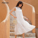 Christmas Gift Marwin Long Simple Casual Solid Hollow Out Pure Cotton Holiday Style High Waist Fashion Mid-Calf Summer Dresses NEW Vestidos