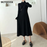 Christmas Gift BGTEEVER Elegant Warm Half Turtleneck Ladies A-line Sweater Dress Full Sleeve Slim Waist Women Knitted Mid-Calf Vestidos Autumn
