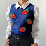 Kukombo Pink Sweat Cute Sleeveless Sweater Vest Women Casual Autumn Strawberry Tank Knitted Crop Top Fashion Streetwear