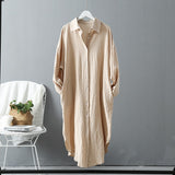 Christmas Gift Women Shirt Dress Cotton Linen Full Sleeve Casual Loose Spring Clothing Solid Color Button Up Calf-Length Dress