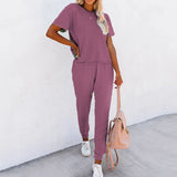 Kukombo  Women Casual Solid Suits Fashion Short Sleeve Pullover Top And Long Pants Jogging Two Piece Set Female Streetwear Tracksuits
