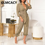 Kukombo Women Turn Down Collar V Neck Regular Jumpsuits Smart Casual Workwear