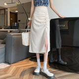 Kukombo Summer Solid Elegant Skirt Women High Waist 2022 Korean Designer Split Casual Skirt Female A-Line Beach Outing Sweet Midi Skirt K90