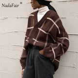 Nadafair Plaid Cardigan Sweater Women Lantern Sleeve Casual Loose Jumper Autumn Winter V Neck Knitted Oversized Cardigan Ladies-1104