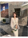 Graduation Gift Big Sale  Elegant Lace Long Sleeve Midi Dress Winter White Women V-neck Korean Dress Spring One-piece Evening Lady Party Fairy Dress K69
