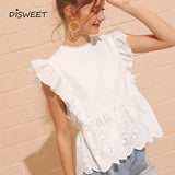 Kukombo Christmas Gift 2022 Summer Fashion Solid Color Ruffled Slim Shirt Ladies Hollow Sleeveless Minimalist Shirt Girl Round Neck Stitching Shirt