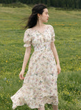 Kukombo Back to school  Summer Print Floral Lady Dress Cottagecore Vintage Puff Sleeve V-Neck Romantic Dresses For Slim Women Robe Fleurie Femme Vestido