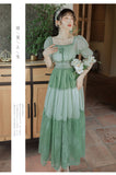 Kukombo Mori Girl Green Gentle Fairy Summer Chiffon Dresses Puff Sleeve Square Neck Elegant French Retro Floral Dress Vestidos De Fiesta