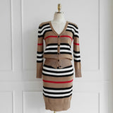 Graduation Gift Big Sale  New Autumn 2 Piece Suit Ladies Winter Knitting Striped Korea Long Sleeve V Neck Tops and Mini Skirt Sexy Set for Women Clothing