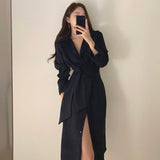 Kukombo 2022 Spring Autumn Women Elegant Turn-Down Collar Tie Waist Shirt Dress High Fork Slim Casual Button Solid Ladies Clothes