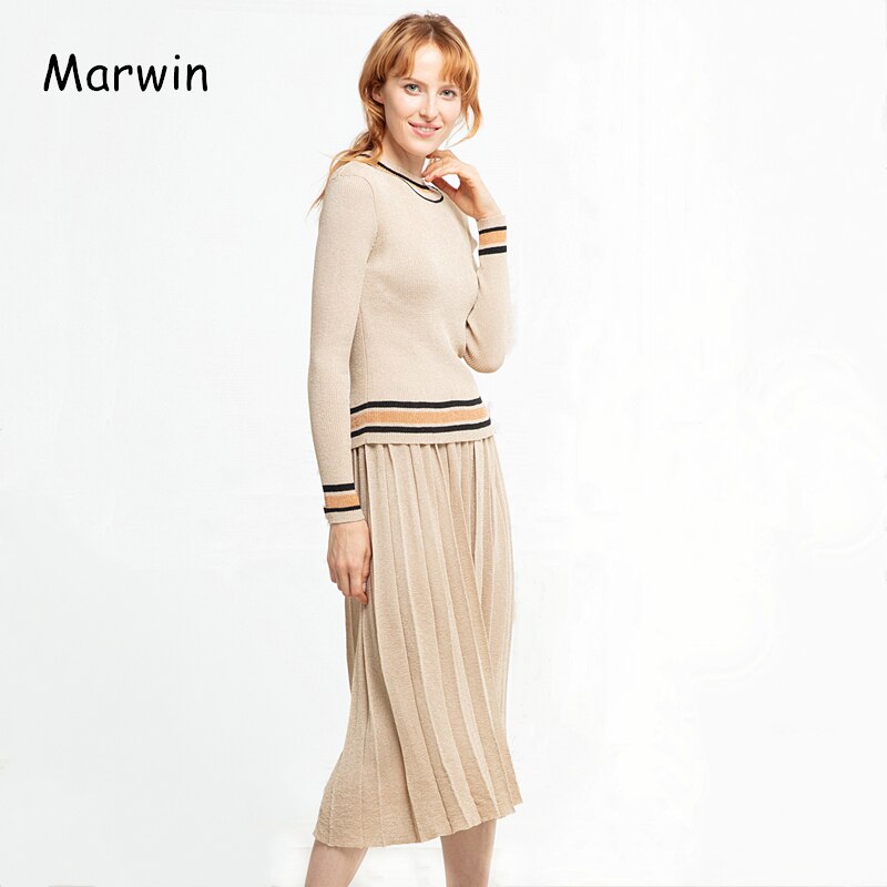Christmas Gift Marwin New-Coming Spring Autumn Solid Knitted Sweater Top Mid-Calf Skirts Outfit England Style Two Pieces Women‘s Sets