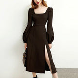Kukombo Black Retro Split Dress Women Elegant Midi Designer Dress Female Long Sleeve Hepburn Style Chiffon Vintage Dress Fall 2022 Women K105