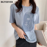 Christmas Gift BGTEEVER Summer Abstract Human Face Printed Women T-shirt Fashion Short Sleeve Women Tops White Tees Round-neck Female Tops 2021