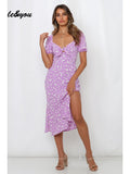 Kukombo 2022 Summer Women's Long Dress Beach Wind Purple Bubble Short-Sleeve Adjustable Lace-up Square Collar Hem Split Dresses