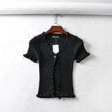 Kukombo Christmas Gift Summer Women Harajuku Knitted Short Ruffles Sleeve Shirt Crop Top Street Wear Femme Knit Skinny Tee Shirt Women