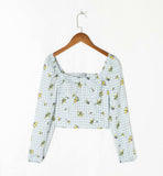 Kukombo Vintage Blue Tartan Floral Print  Women Tops And Blouses Chic Slim Long Sleeve Ropa Mujer Fashion Square Collar Shirt Tops