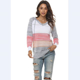 Kukombo 2022 New Female Hoodies Autumn Women Patchwork Hooded Sweater Long Sleeve V-neck Knitted Sweater Casual Striped Pullover Jumpers