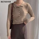 Christmas Gift BGTEEVER Elegant Turn-down Collar Single-breasted Women Sweaters Autumn Full Sleeve Slim Short Female Knitting Tops 2021