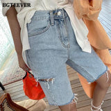 Christmas Gift BGTEEVER Summer Casual Hot Shorts for Women High Waist Riped Button Up Female Denim Shorts Jeans Femme 2021 Streetwear