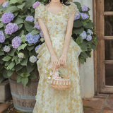 Kukombo French Vintage Fairy Dress Women Ruffle Irregular Designer Long Floral Dress 2022 Summer Elegant Korean Holiday Victorian Dress