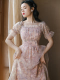 Kukombo Back to school outfit Cottage Summer Print Flower Mesh Dress Vintage Women Square Collar Puff Sleeve Soft Princess Dresses For Holiday Party Night