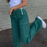 Kukombo Vintage Khaki Wide Leg Cargo Jeans High Waist Big Pockets Baggy Denim Trousers Casual Oversized Pants Street Sweatpants