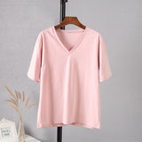 Christmas Gift Hirsionsan 100% Cotton Summer T Shirt Women Soft Short Sleeve  V Neck Female Tees Basic Kintwear Tops Harajuku Tshirt for Ladies