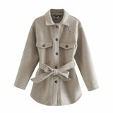 Christmas Gift 2021 WInter New Woollen Wrap Coat Women High Waist Tunic Bandage Jacket Pockets Casual Warm Shirt Coat