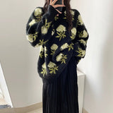 Kukombo Back to school outfit Chic Sweater Woman 2023 Autumn New Korea Elegant Ins Fashion O-Neck Flower Print Long Sleeves Versatile Knit Pullover