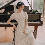 Kukombo Summer Short Sleeve Chiffon Fairy Dress Women 2022 Round Neck Elegant Beaded Backless Sexy Print Lace Puff Sleeve Sweet Vestido