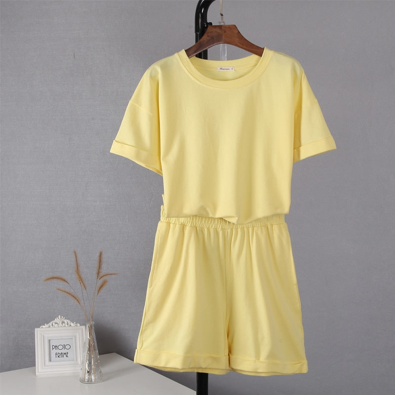 Christmas Gift Hirsionsan Summer Cotton Sets Women Casual Two Pieces Short Sleeve T Shirts and High Waist Short Pants Solid Outfits Tracksuit