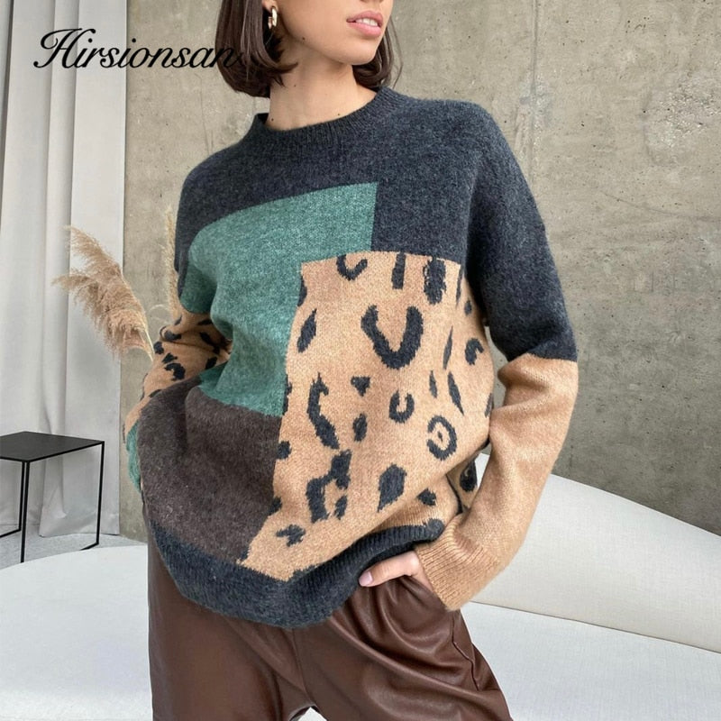 Christmas Gift Hirsionsan Leopard Patchwork Cashmere Sweater Women Loose Casual Knitted Pullovers Autumn Soft Knitwear Female Retro Jumper