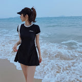Kukombo Cute Swimsuit Women Swimwear Girl Korean Style O Neck 2 Piece Sets Strap Waist Skirt Swimming Bathing Suit Beach Wear Monokini