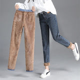 Christmas Gift Plush warm jeans 2021 new elastic high waist loose Harlan pants straight tube thin autumn and winter thickening