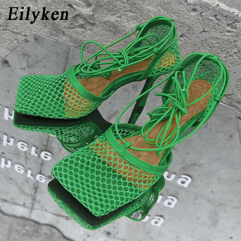 Christmas Gift Eilyken 2022 New Sexy Yellow Mesh Pumps Sandals Female Square Toe high heel Lace Up Cross-tied Stiletto hollow Dress shoes