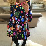 Oversized Women Winter Clothing Christmas Dress Santa Claus Star Snow Ball Print Dress Party Long Sleeve O Neck Mini Dresses