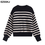 Christmas Gift Cashmere thick stirped oversize Sweater Pullovers Women Casual o-neck lantern Sleeve Sweater puff sleeve big size sweater