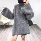Kukombo Autumn Winter Long Turtleneck Sweater Women Loose Lazy Oaf Flare Sleeve Fluffy Synthetic Mink Cashmere Sweater Knitted Jumpers