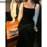 Graduation Gift Big Sale 2023 Spring Black Velvet Dress Women Square Collar Vintage One Piece Dress Korean Office Lady Elegant Midi Dress Party Evening