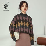 Christmas Gift FANSILANEN Women Argyle Plaid Knitted Sweater Women Casual Commuter Streetwear Loose Spring Sweater Female Long Sleeve Retro Top