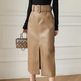 Christmas Gift Square Buckle Belt Mid-length High Waist Skirts Solid Pocket A-line Straight Split Pencil Skirt Hip-wrap PU Leather Skirts 17098