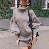 Turtleneck Warm Women Sweater Dress Wrap Mini Vintage Lantern Sleeve Autumn Casual Solid Knitted Winter Dress-1118