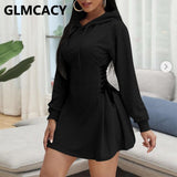 Kukombo Women Casual Solid Hooded Dress Lace Up Waist Side Corset Dress