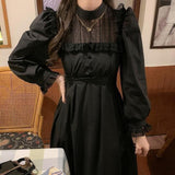 Christmas Gift 2021 Autumn Gothic Black Lace Dress Women Casual Elegant Party Midi Ruffle Long Sleeve Dress Emo Y2k Goth Clothes