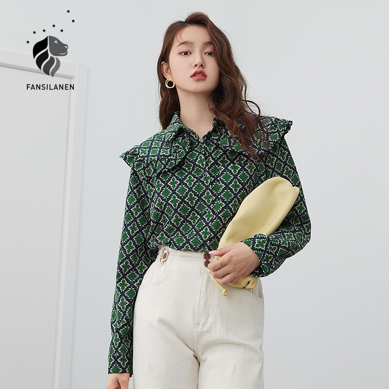 Christmas Gift FANSILANEN Plaid Green Ruffle Casual Blouse Shirt Women Long Sleeve Elegant Knitted Spring Top Female Vintage Button Up Shirt