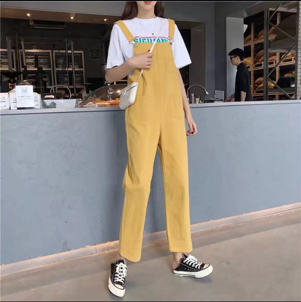 Kukombo Korean Version Of Woman's Denim Overalls + Thin Sloppy Skirt Girlfriend Skirt Pure Black And Yellow Wild Preppy Style Jumpsuits