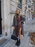 Kukombo Elegant Brown Sheath Rib Dress Women Fashion Side Open Half Turtleneck Long Dresses Female Chic Vestidos