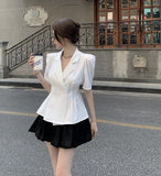 Christmas Gift 2PCS Women Summer 2021 Blazer Coat + Short Skirts Sets Elegant Short Sleeve OL Suits Korean Ladies Clothing Set Female 9397#