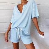 Christmas Gift Summer Fashion Women's Pajamas V-Neck Short Sleeve Tracksuit Print Splicing Sleepwear Set Nightwear Home Suit For Women Clothes