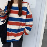 Christmas Gift Loose Stripe O-neck T-shirt Woman's Korea Oversized Long Sleeve Tops Woman Casual 2XL Long T-shirts Harajuku Women Summer 2021